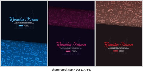 Set Illustrations of Ramadan Kareem with hand draw doodle background for the celebration of Muslim community festival