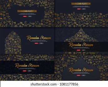 Set Illustrations of Ramadan Kareem with hand draw doodle background for the celebration of Muslim community festival