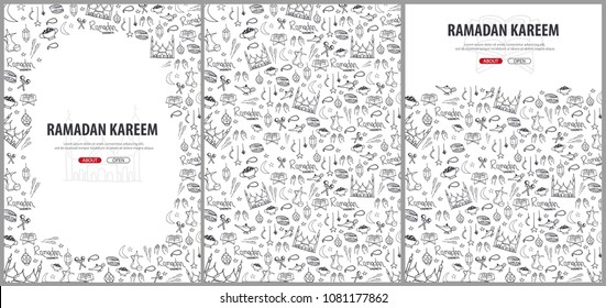 Set Illustrations of Ramadan Kareem with hand draw doodle background for the celebration of Muslim community festival