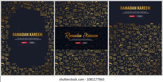 Set Illustrations of Ramadan Kareem with hand draw doodle background for the celebration of Muslim community festival