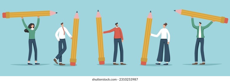 Set of illustrations of random people. The characters are holding huge pencils in their hands. User experience concept. Drawing, writing, creating, design, blogging concept. Vector illustration.