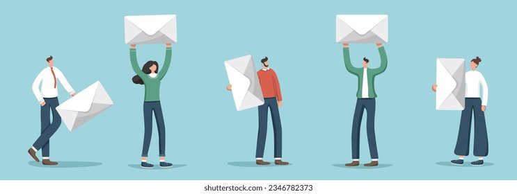 A set of illustrations of random people with envelopes or letters. Information concept, working business correspondence of company employees, communication by e-mail, sending messages.