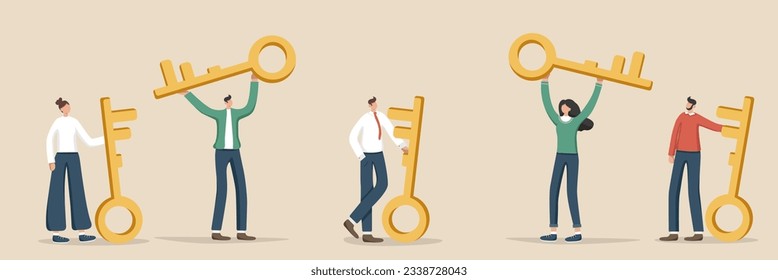 Set of illustrations of random people with golden keys. Concept of opening new opportunities and doors to business. Secret key to achieving goals, strategies and methods for greater success and wealth