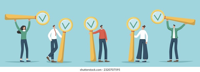 A set of illustrations of random people holding magnifying glasses. Choice concept. Questioning and voting, survey and testing. Check and track the progress of tasks in a planner or calendar.