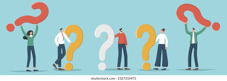 A set of illustrations of random people holding question marks. Concept questions and answers, FAQ, frequently asked questions, analysis of the consumer market and competitors.