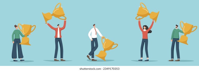 Set of illustrations of random people with winning cups. Concept of victory and superiority, achieving set goals and high scores, great success, career growth, defeating competitor and getting award.