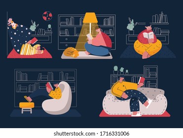 A set of illustrations of reading people with books in the home library. People in different reading positions. Vector cartoon character. 