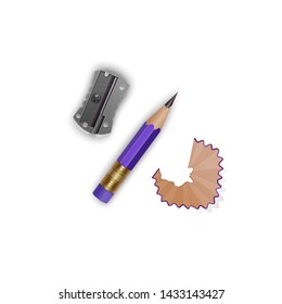 Set of illustrations in realistic style sharpened pencils with a rubber and a sharpener, pencil shavings and a graphite isolated on white, vector EPS 10