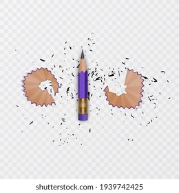 Set of illustrations in realistic style sharpened pencil and pencil shavings and a graphite isolated on white
