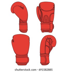 Set of illustrations with red boxing gloves. Isolated colorful vector objects on white.