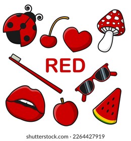 Set of illustrations in red color. Vector clipart