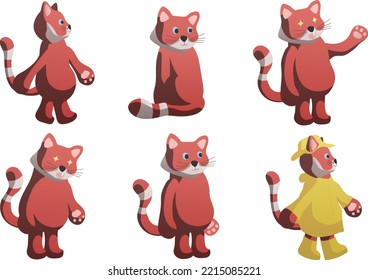 A set of illustrations of a red panda in different poses. Ready-made stickers of a cute animal with shiny eyes and a yellow raincoat. Ready to use eps for your design