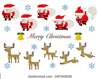 A set of illustrations of red Santas and reindeers