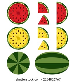 Set of illustrations with red and yellow watermelon. Isolated vector objects on a white background.