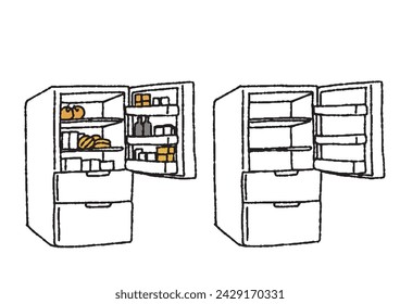 Set of illustrations of a refrigerator with things in it and an empty refrigerator