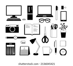 A set of illustrations related to business such as computers and smartphones.
This is an image on a desk. There are notebooks, pens, scissors, stationery, laptops, cameras, glasses, etc.