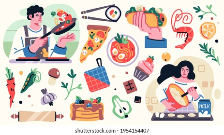 Set of illustrations related to cooking with yong man and woman on the kitchen, kitchenware, and decoration elements. Vector illustration