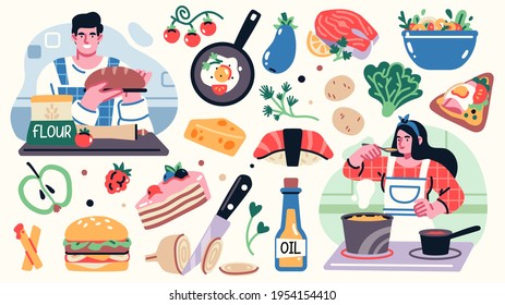 Set of illustrations related to cooking with yong man and woman on the kitchen, kitchenware, and decoration elements. Vector illustration