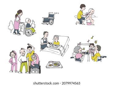A set of illustrations related to long-term care