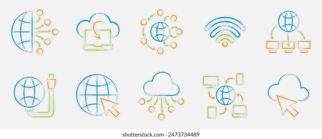 Set of illustrations related to the network, internet. Detailed icon collection. Editable colors. Vector