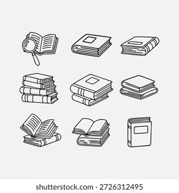 Conjunto de ilustraciones que representan libros y lectura, perfecto para temas educativos o de Biblioteca