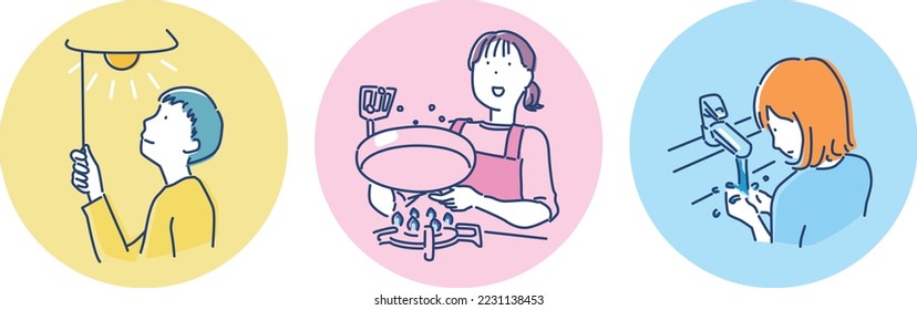 Conjunto de ilustraciones que representan electricidad, gas y agua