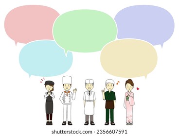 Set of illustrations of a restaurant worker and blowout illustrations that reassure and delight.