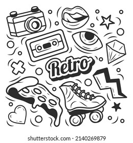 A set of illustrations, retro tattoo elements of the 90s. Trendy vintage isolated doodles.