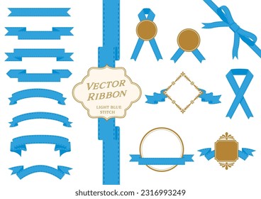 set of illustrations of ribbons of various shapes. Ornaments, letter decorations. With seams and stitches. light blue
