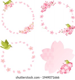 A set of illustrations of ring shaped frames of cherry blossoms and warblers (Sakura and Uguisu in Japanese)