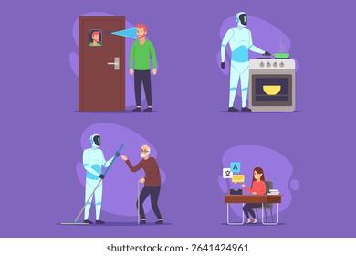 Set of illustrations with robotic helpers assisting with various daily activities at home from cooking to cleaning. Convenience and efficiency in life concept