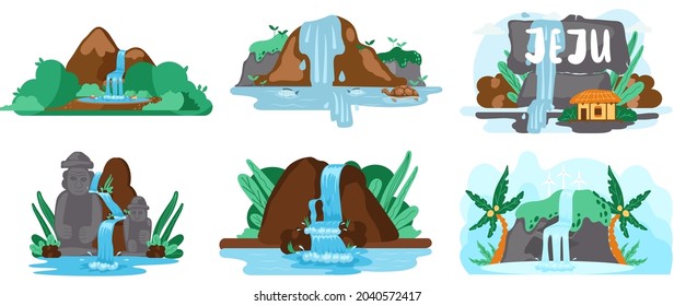 Set of illustrations of rock and falling water, tropical river and waterfall. Beautiful waterfall in mountains landscape with plants, rocks, statues. Green wood with wild nature, lake and bush foliage