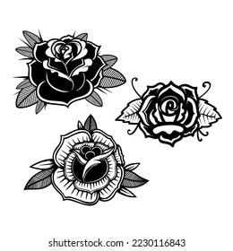 Set of illustrations of roses in tattoo style. Design element for poster, emblem, sign. Vector illustration