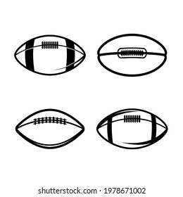 Set of Illustrations of rugby balls in vintage monochrome style. Design element for logo, label, sign, emblem, poster. Vector illustration