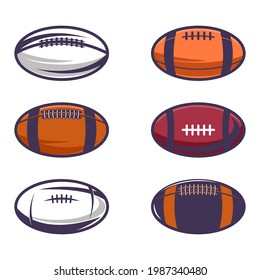 Set of Illustrations of rugby balls in vintage monochrome style. Design element for logo, label, sign, emblem, poster. Vector illustration