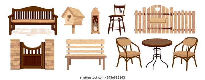 A set of illustrations of rural garden fittings. Home wooden furniture - table, chairs, bench, armchairs, fence, gate, birdhouse, street lamp. Vector isolated.