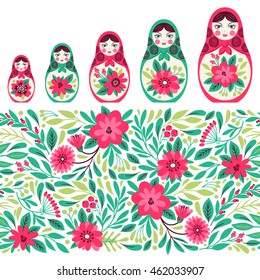 Set of illustrations with a Russian doll. Matryoshka. Seamless border