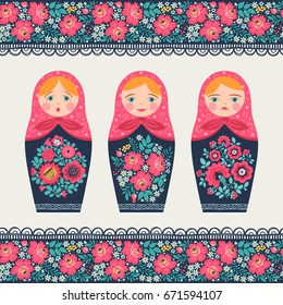 Set of illustrations with a Russian doll and seamless border. Matryoshka. Different emotions