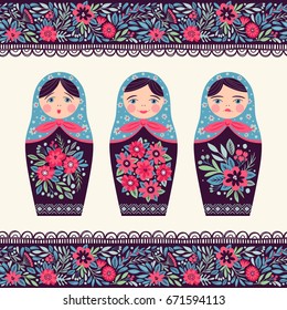 Set of illustrations with a Russian doll and seamless border. Matryoshka. Different emotions