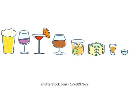 Set illustrations of sake, western sake, cocktails and beer