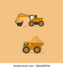 Un conjunto de ilustraciones de Camiones de Arena. Vehículos vectores para niños para el diseño de afiches. Caricatura de coches para niños. Ilustración del vector
