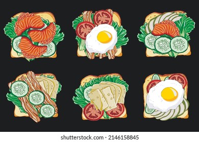A set of illustrations sandwiches with different fillings. Vector illustration