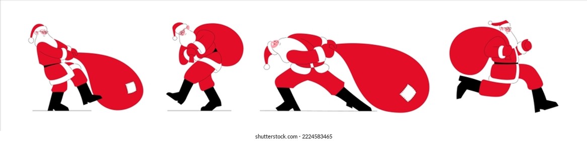 Set of illustrations Santa Claus with big red bag of gifts. Merry Christmas and Happy New Year. Father Frost delivers presents. Vector template for winter holiday, greeting card, poster, banner.