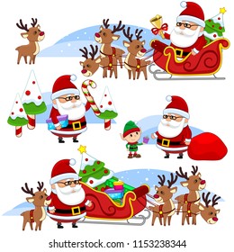 Set of illustrations with Santa Claus for children and design, Santa with deers and sleigh rides, with an elf, with sweets and a bag of gifts.
