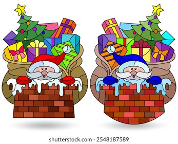 A set of illustrations with Santa Claus and gifts on the roof, isolated on a white background
