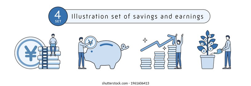 A set of illustrations of saving and earning.
There are piggy bank, coins and money.