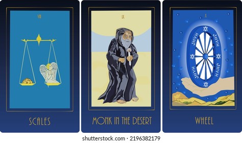 A Set Of Illustrations With Scales, Monk In The Desert, Wheel, On A Blue Background. Esoteric, Magic, Mystic, Spiritual. Vector Graphics. Tarot Cards.