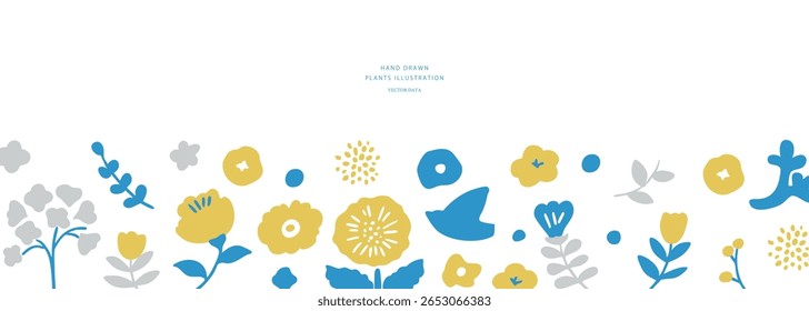 A set of illustrations of Scandinavian-style plants and flowers. Scandinavian-style frame of summer flowers. Cute floral background.
