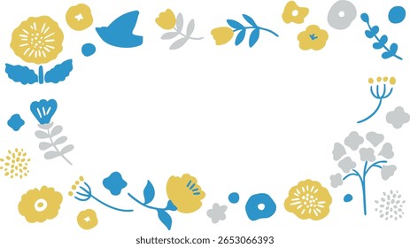 A set of illustrations of Scandinavian-style plants and flowers. Scandinavian-style frame of summer flowers. Cute floral background.