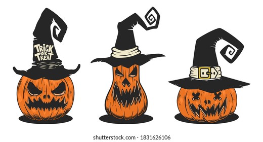Set of Illustrations of scary halloween pumpkin in witch hats. Design element for poster,card, banner, sign, emblem. Vector illustration
